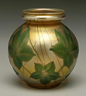 Appraisal: Tiffany favrile art glass vase intaglio carved green leaves on