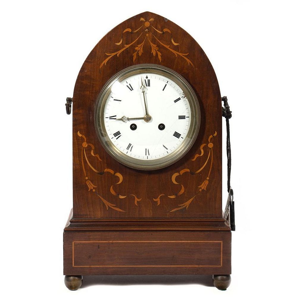 Appraisal: French Gothic Style Mantle Clock The floral inlaid arched case