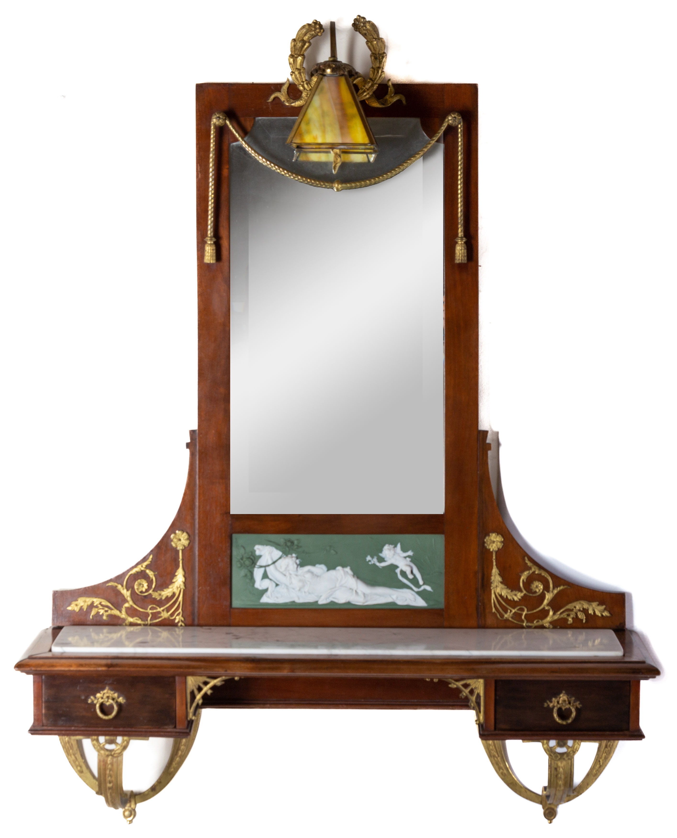 Appraisal: HALL MIRROR WITH WEDGWOOD PLAQUE Early th century mahogany with