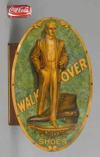 Appraisal: Vintage tin litho double sided trade sign ''Walk Over Shoes''