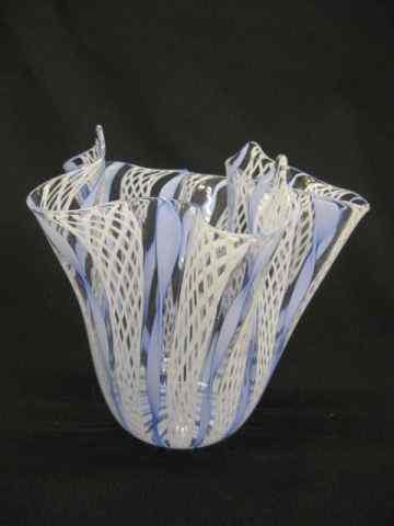 Appraisal: Venetian Art Glass Handkerchief Vase ribbon latticino blue white ''