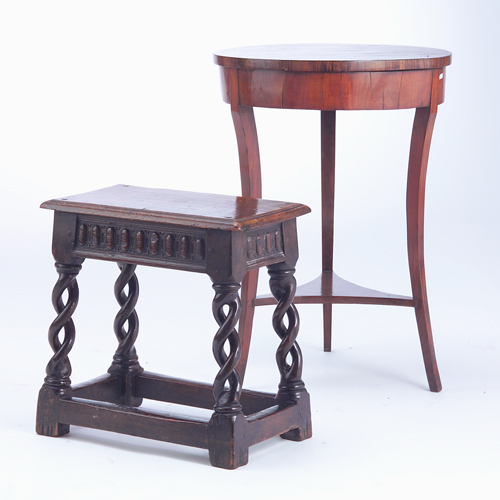 Appraisal: Biedermeier-style drum table and an English Renaissance Revival oak stool