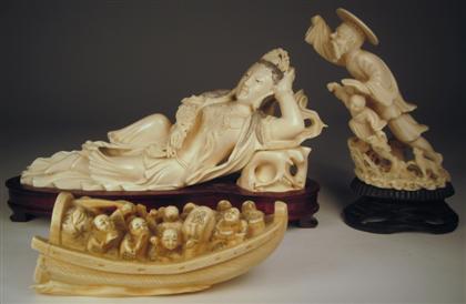 Appraisal: Three East Asian elephant ivory carvingsComprising a Chinese openwork and