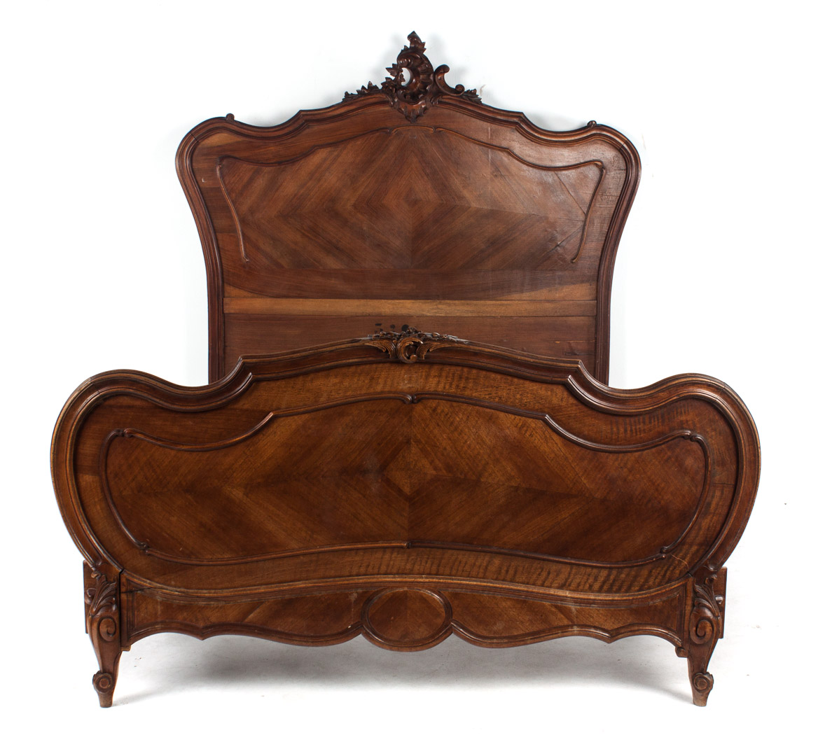 Appraisal: Belgian parquetry walnut bedstead th century carved scroll and foliate