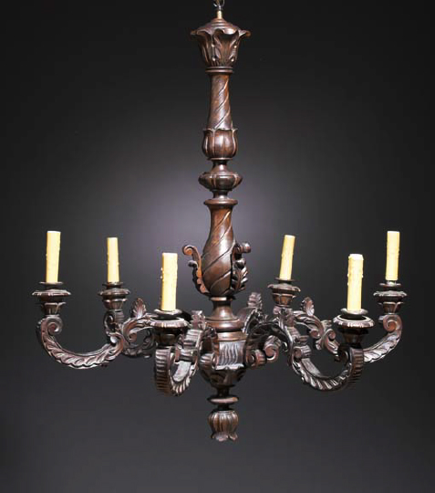 Appraisal: French Turned Carved and Stained Beechwood Six-Light Chandelier in the