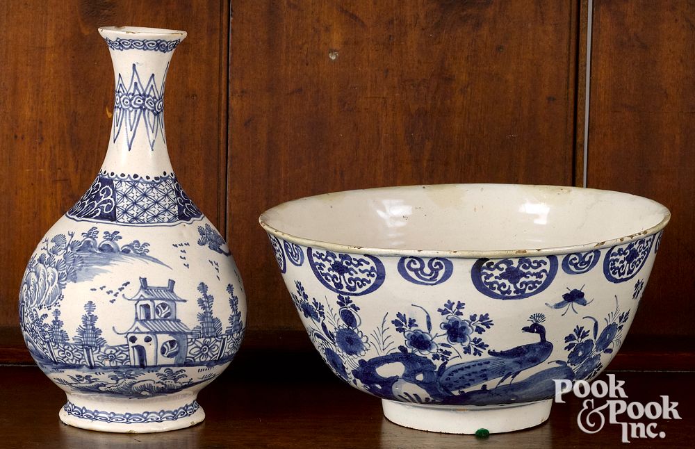 Appraisal: Delft blue and white bowl and water bottle Delft blue