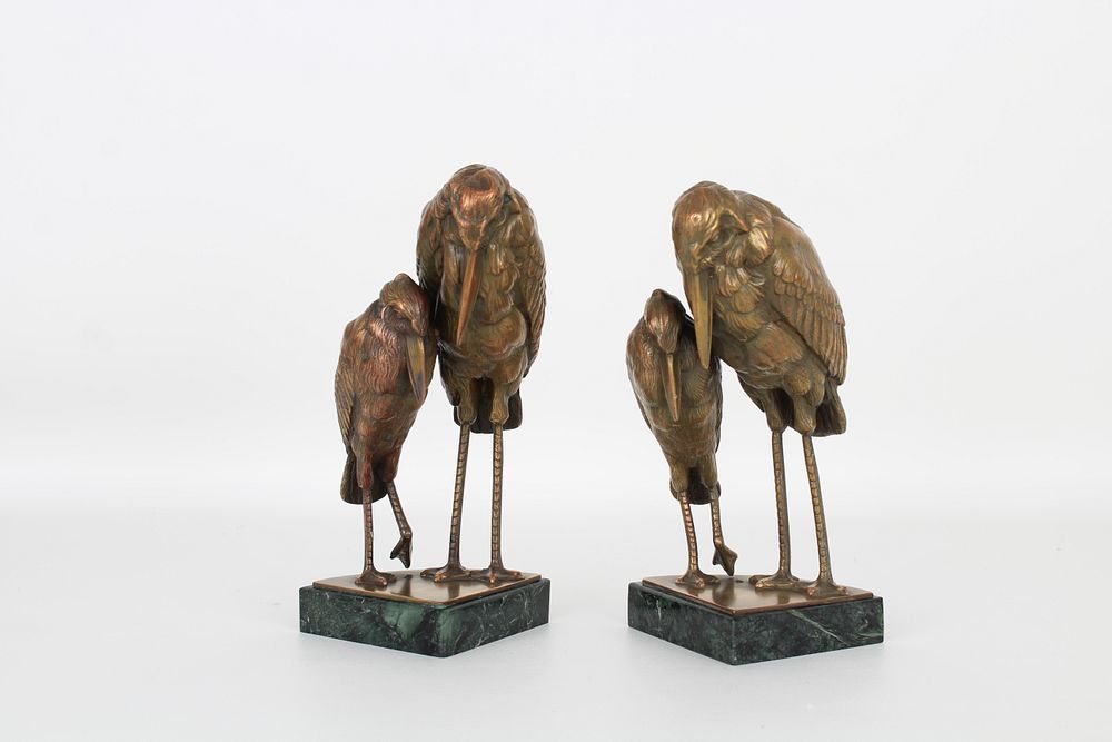 Appraisal: Mixed Metal Bird Sculptures on Marble Base Mixed Metal Bird