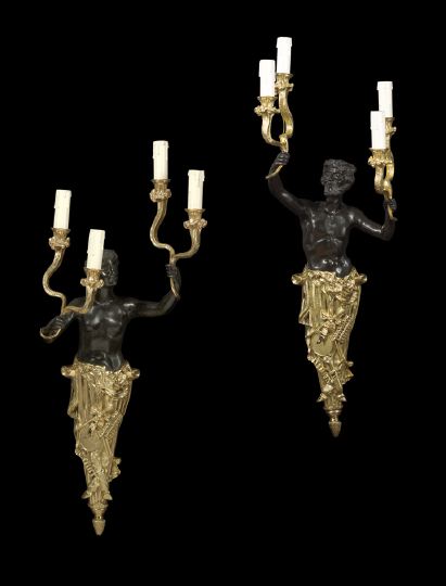 Appraisal: Large and Striking Pair of French Gilt-Lacquered and Bronze-Patinated Brass