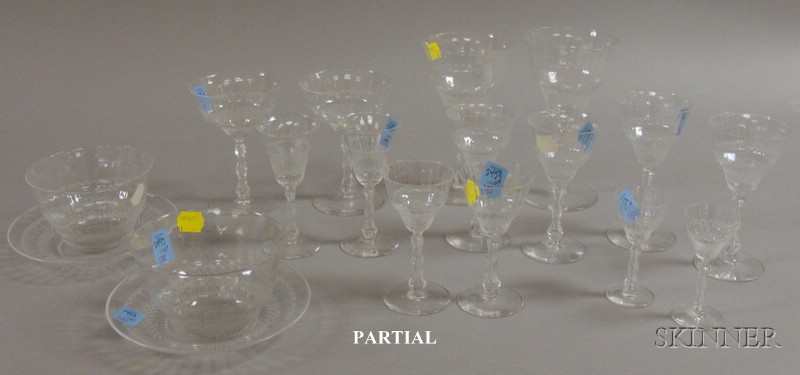 Appraisal: Large Partial Set of Colorless Etched Glass Stemware and Tableware