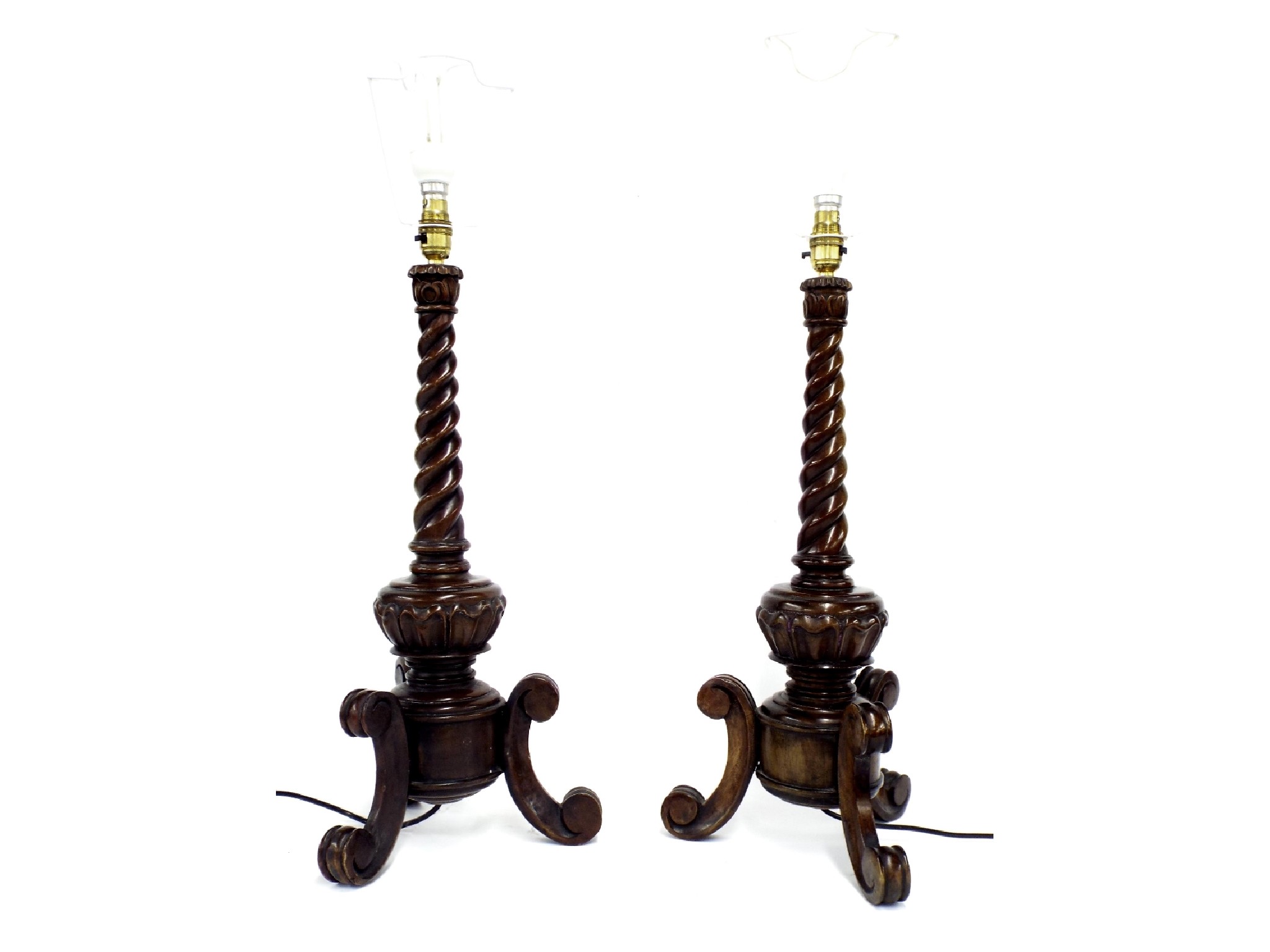 Appraisal: Pair of mahogany table lamps with barley twist stems and