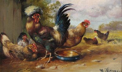 Appraisal: Max H nger - Chickens in a farmyard Signed Oil