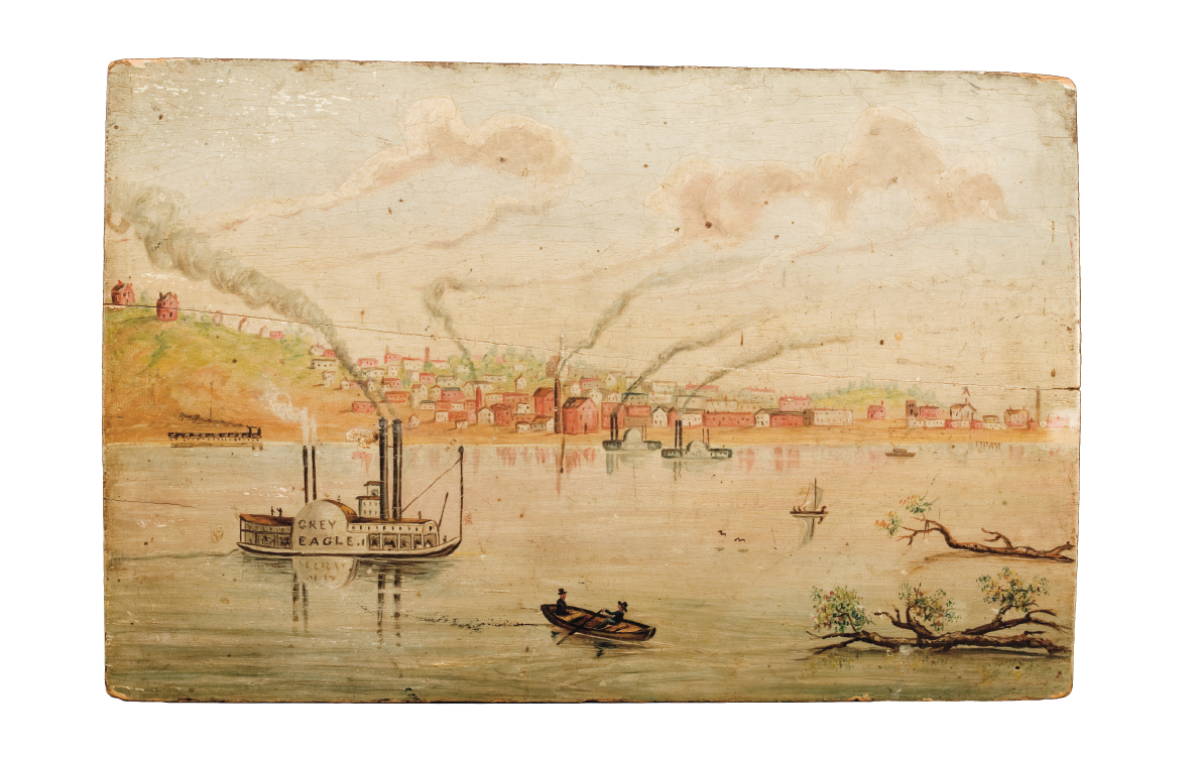 Appraisal: PRIMITIVE HUDSON RIVER LANDSCAPE WITH PADDLE WHEELER GREY EAGLE AND