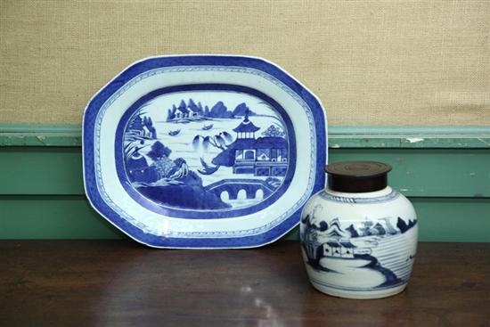 Appraisal: TWO PIECES OF BLUE WHITE CANTON Octagonal platter with river