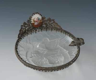 Appraisal: A Lovebird Glass Ashtray with Metal Mounts and Porcelain Medallion