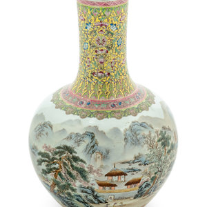 Appraisal: A Chinese Yellow Ground Famille Rose Porcelain 'Landscape' Vase of