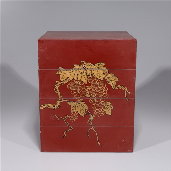 Appraisal: Chinese gilt red lacquer four-tiered stacking square form box as-is