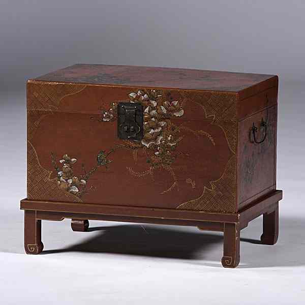 Appraisal: Chinese Painted Pig Skin Chest Chinese A painted red pig