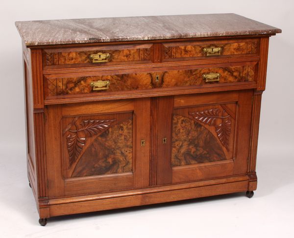 Appraisal: Eastlake burled walnut marble top chest three drawer over two