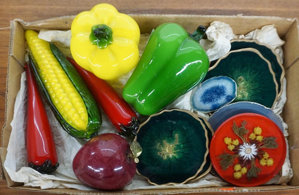 Appraisal: COLLECTION OF COLORED GLASS FRUIT AND COASTERSCollection of Colored Glass