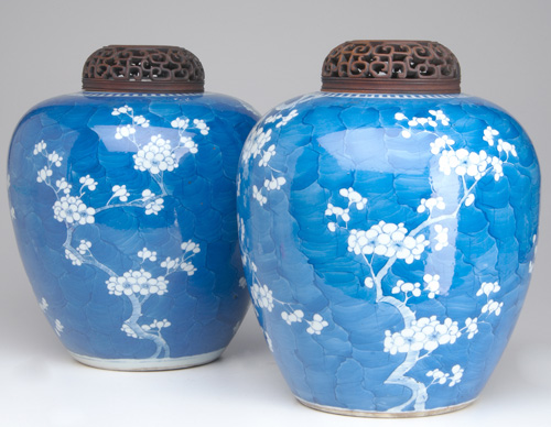 Appraisal: CHINESE PORCELAIN Pair of blue and white jars with prunus