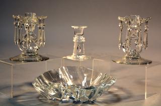 Appraisal: Baccarat bowl one Steuben tear drop candlestick one pair of