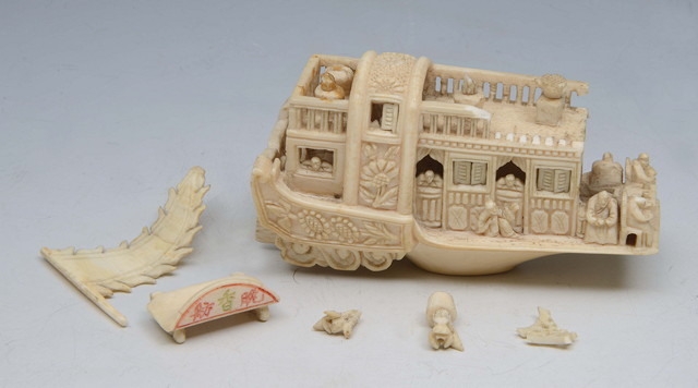 Appraisal: A CHINESE CANTON IVORY MODEL OF A HOUSEBOAT with fragment