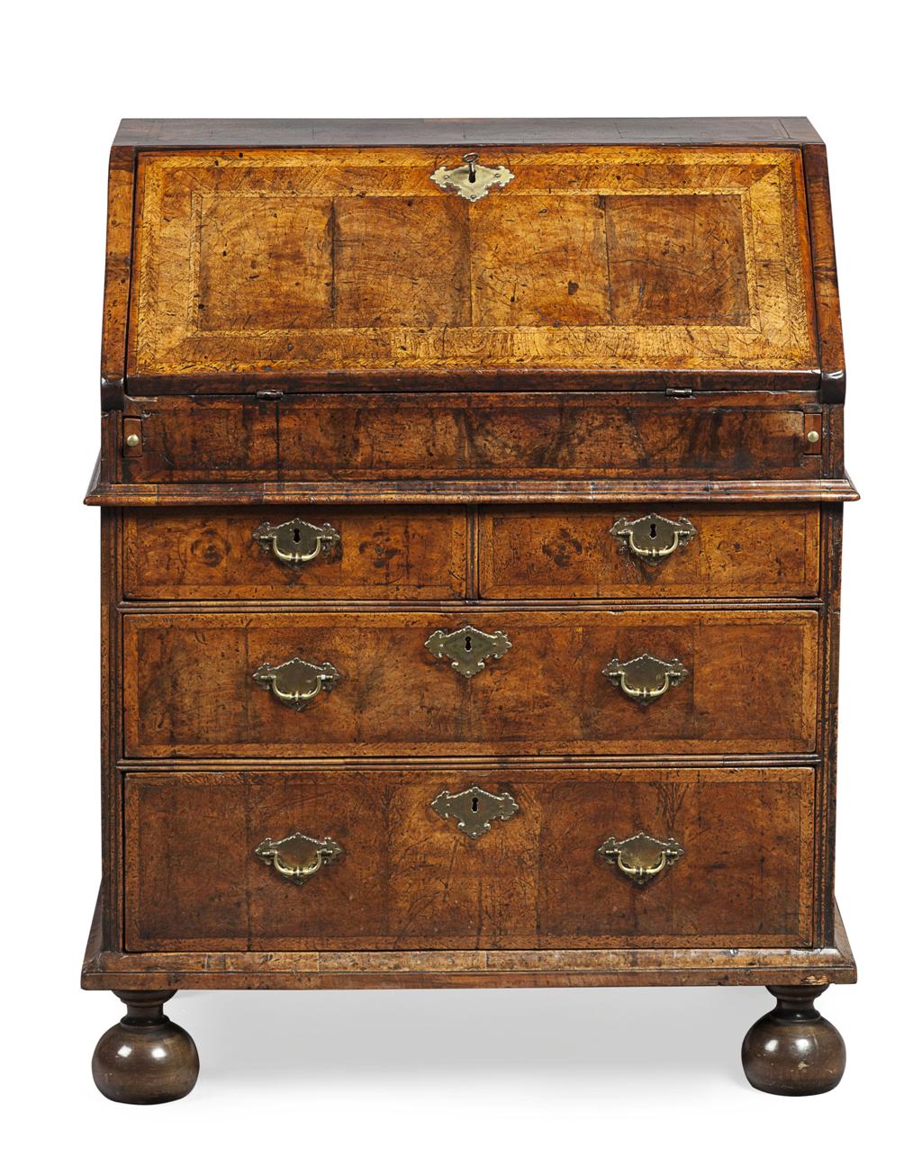 Appraisal: GEORGE I WALNUT CROSSBANDED BUREAU EARLY TH CENTURY the slant