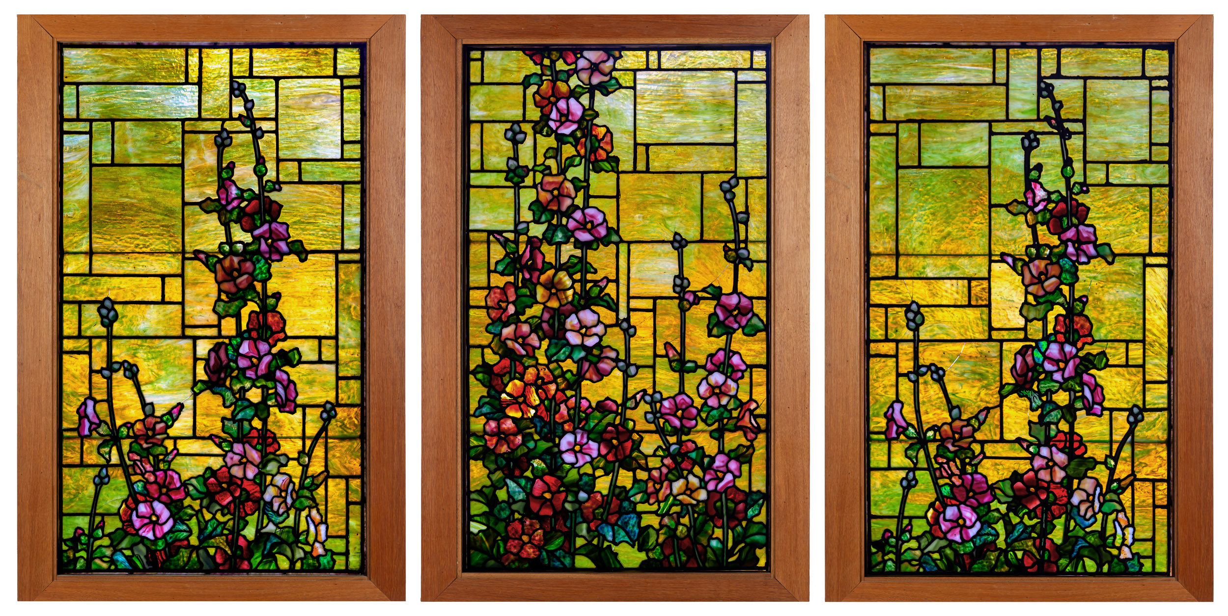 Appraisal: DUFFNER KIMBERLY HOLLYHOCKS LEADED GLASS WINDOWS Attributed to Duffner Kimberly