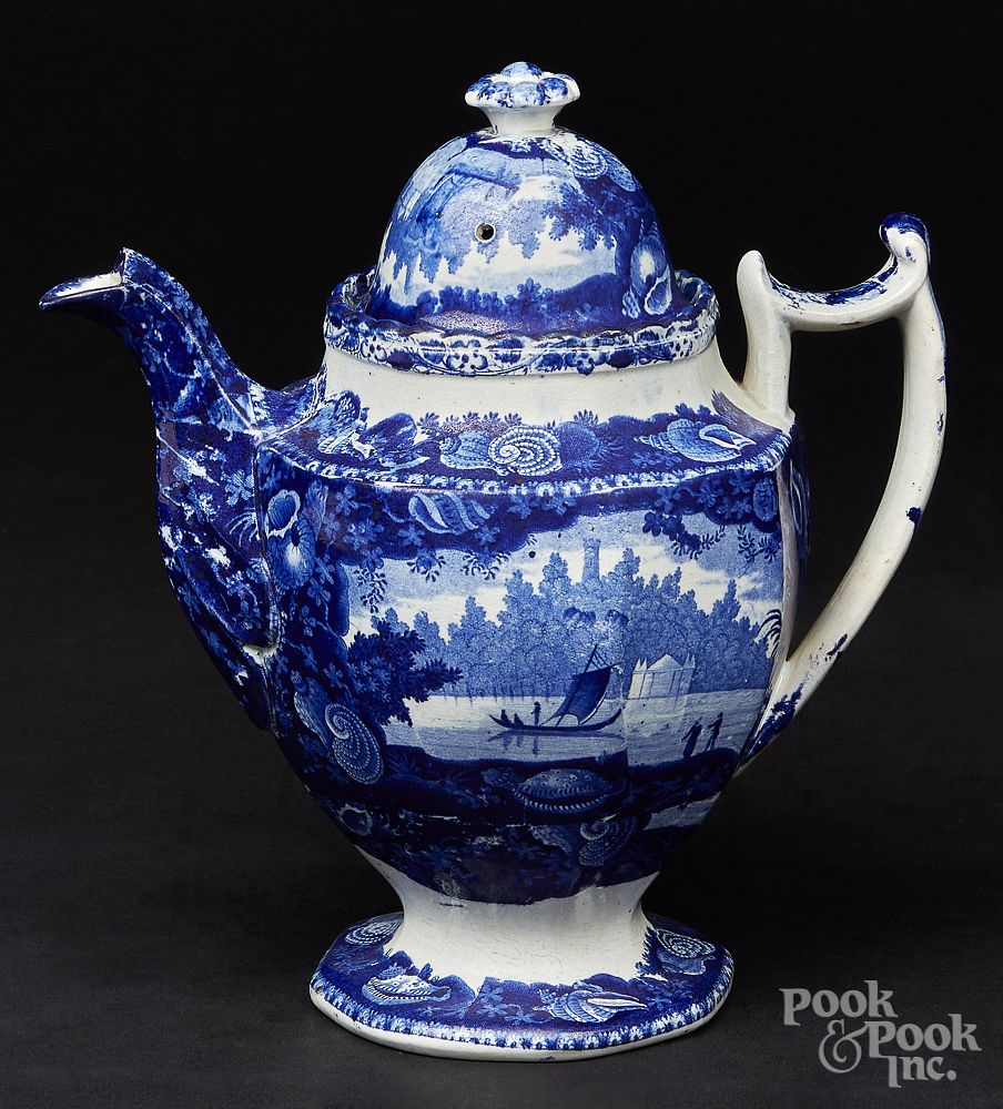 Appraisal: Historical blue Staffordshire coffee pot Historical blue Staffordshire Wadsworth Tower