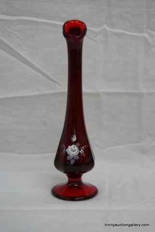 Appraisal: Vintage Fenton Ruby Red Hand Painted Bud VaseFrom the estate