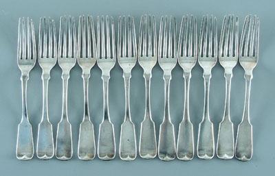 Appraisal: Twelve coin silver forks upturned tipt fiddle handle rounded fins