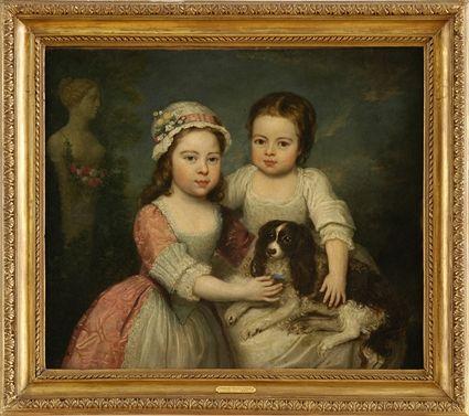 Appraisal: ENGLISH SCHOOL PORTRAIT OF TWO GIRLS AND A SPANIEL Oil