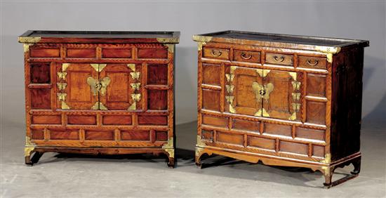 Appraisal: Pair Oriental carved hardwood cabinets th centuryrectangular brass-trimmed top and