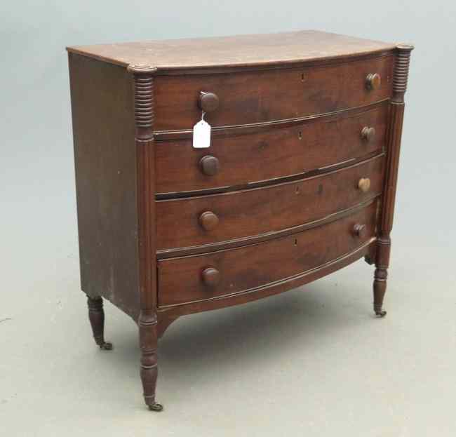 Appraisal: th c Sheraton mahogany bowfront chest drawers As found ''