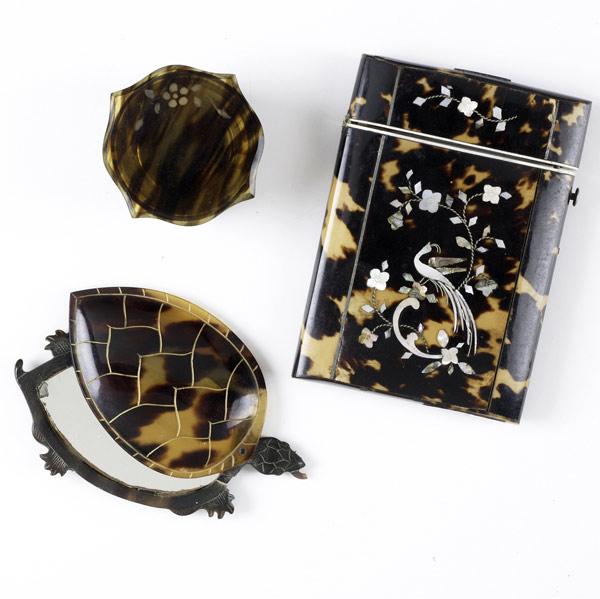 Appraisal: Three tortoise shell items th C Card holder with mother-of-pearl