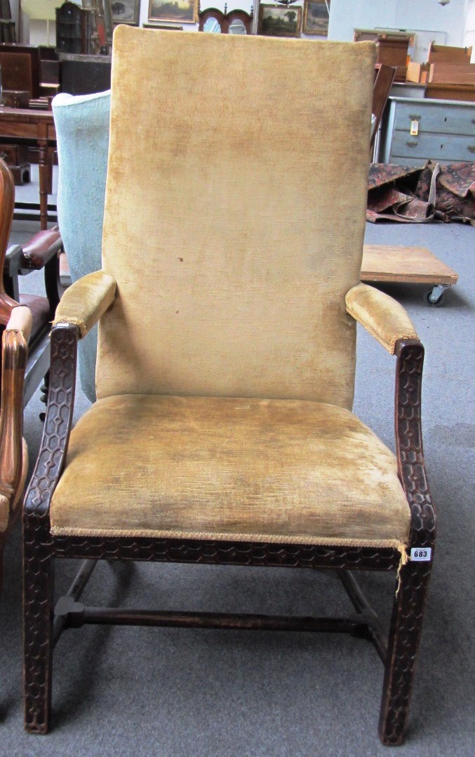 Appraisal: A th century mahogany framed square back open armchair of