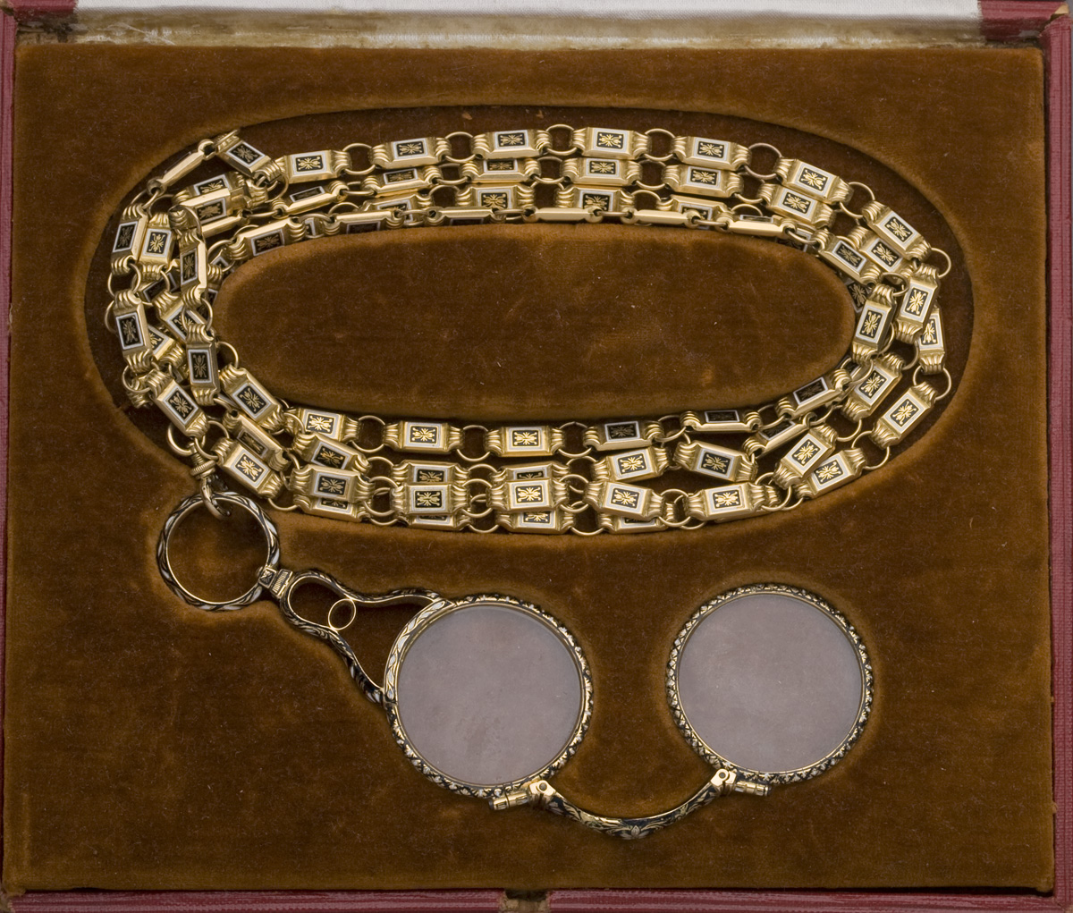 Appraisal: EASTERN EUROPEAN GOLD AND ENAMEL LORGNETTE AND CHAIN The glasses