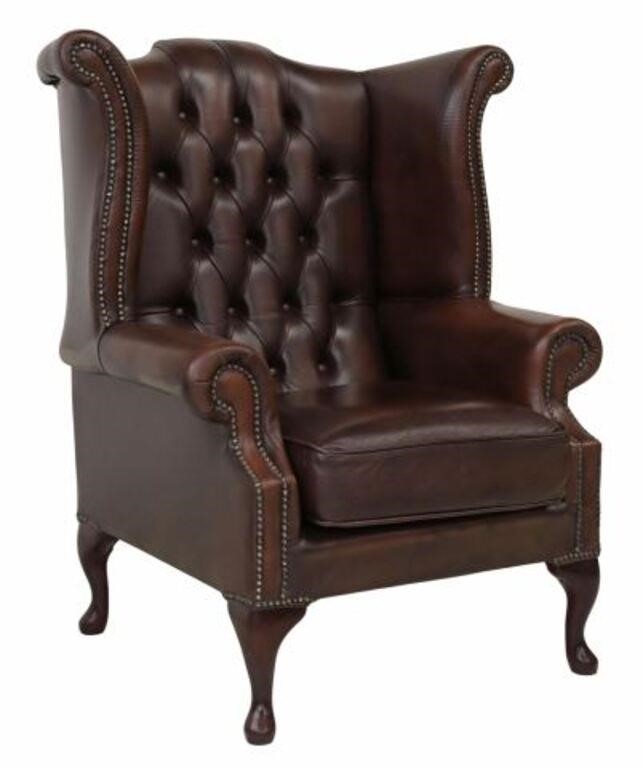 Appraisal: Queen Anne style wingback armchair late th c in brown