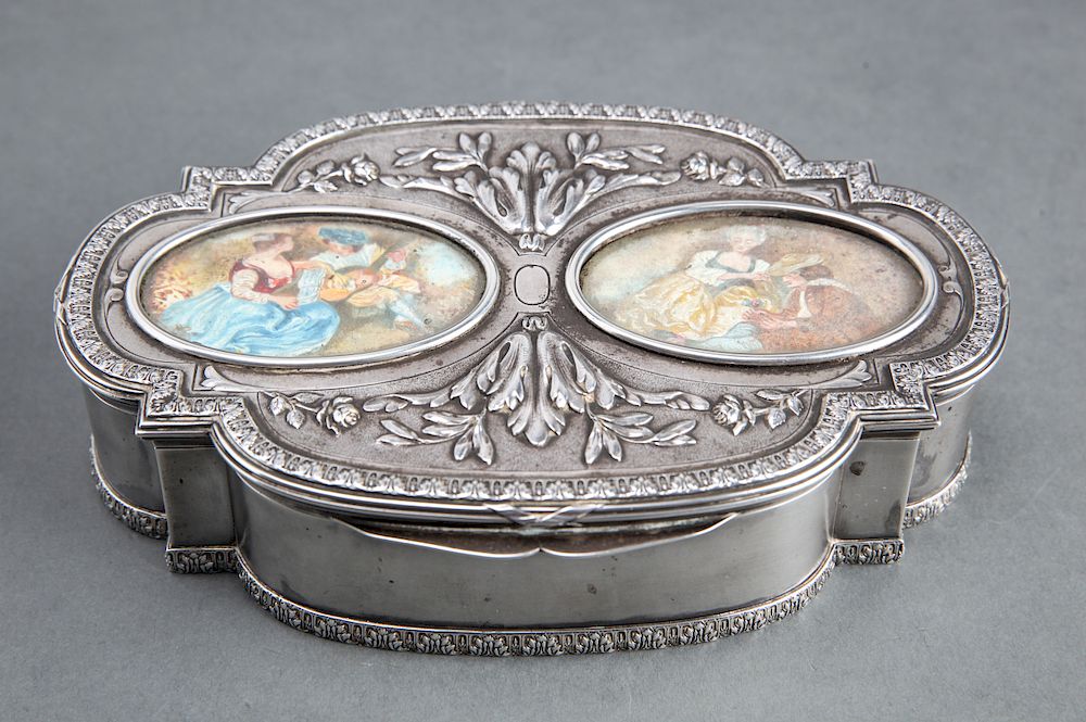 Appraisal: French Silver Vanity Box w Hand-Painted Scenes French silver shaped