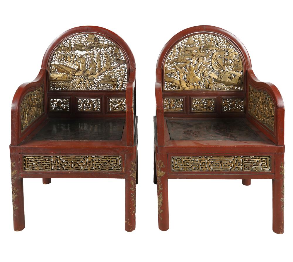 Appraisal: PAIR OF CHINESE POLYCHROME ARMCHAIRScarved wood the back and arms