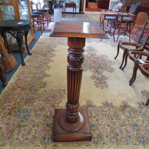 Appraisal: Carved Mahogany Pedestal classic column leaf decor tall square top