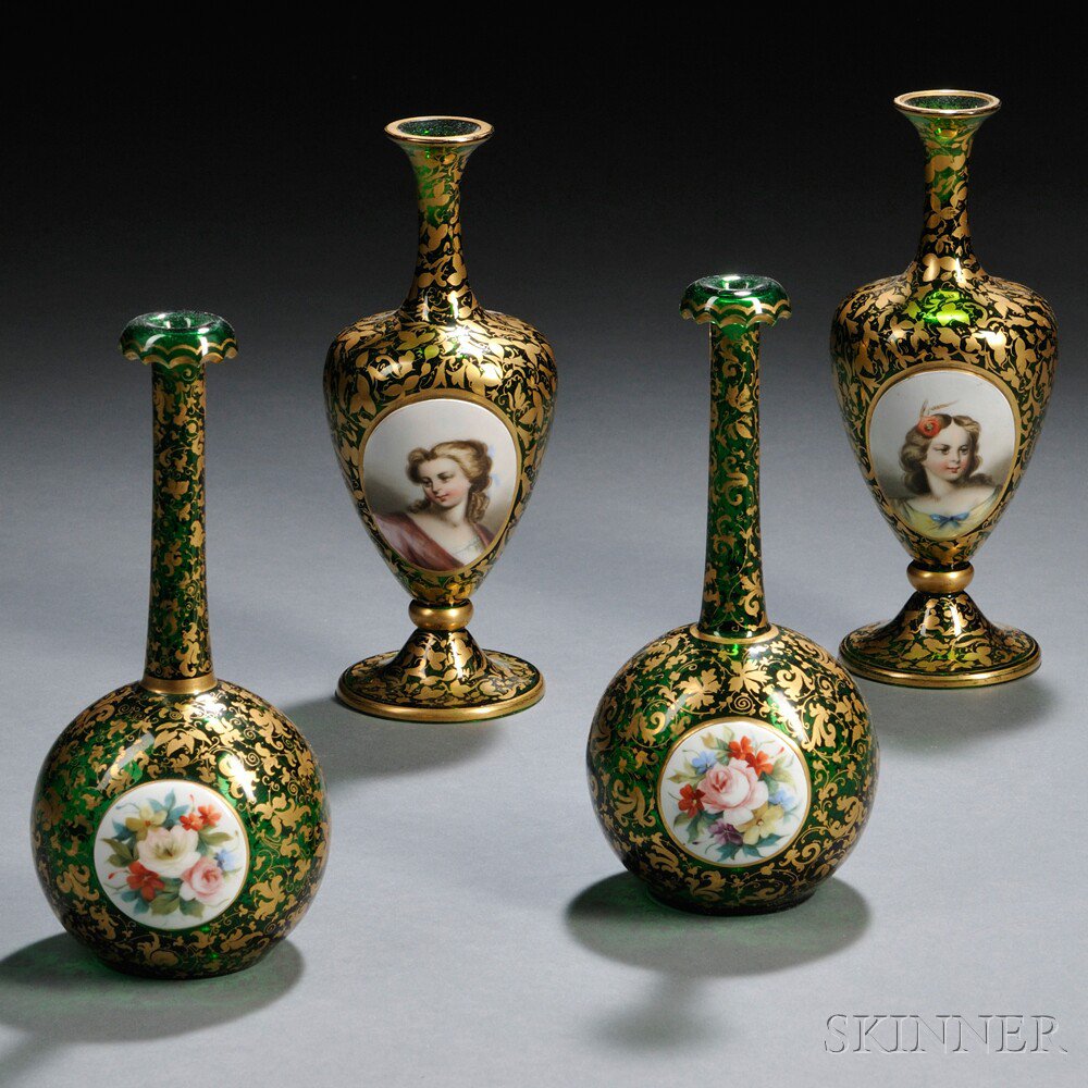 Appraisal: Two Pairs of Bohemian Green Glass Portrait Vases th century