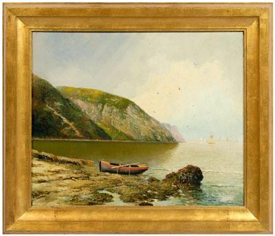 Appraisal: American School painting coastal scene with beached dory distant sailboats