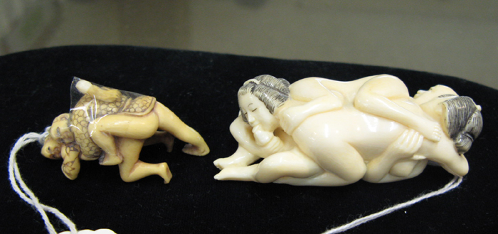 Appraisal: EROTICA TWO carved ivory figural groups the first three nude