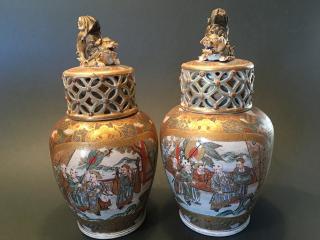 Appraisal: ANTIQUE Japanese Satsuma Vases with Foo dog lids and figurines