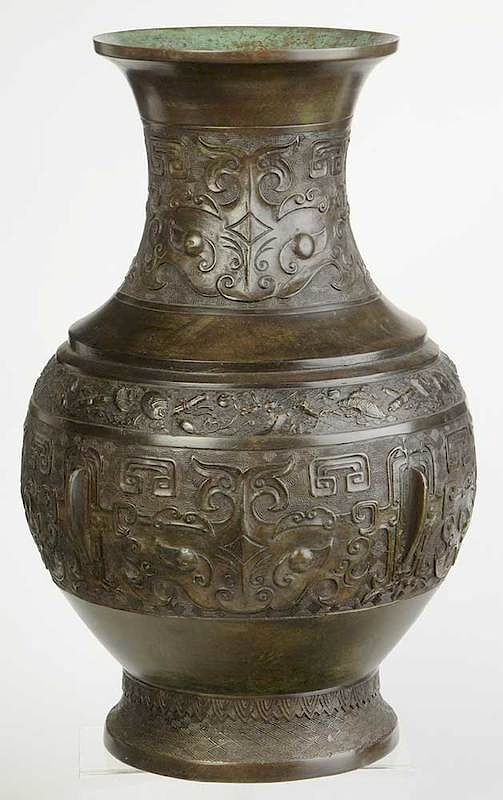 Appraisal: Chinese Archaic Style Bronze Vase th century relief decorated -