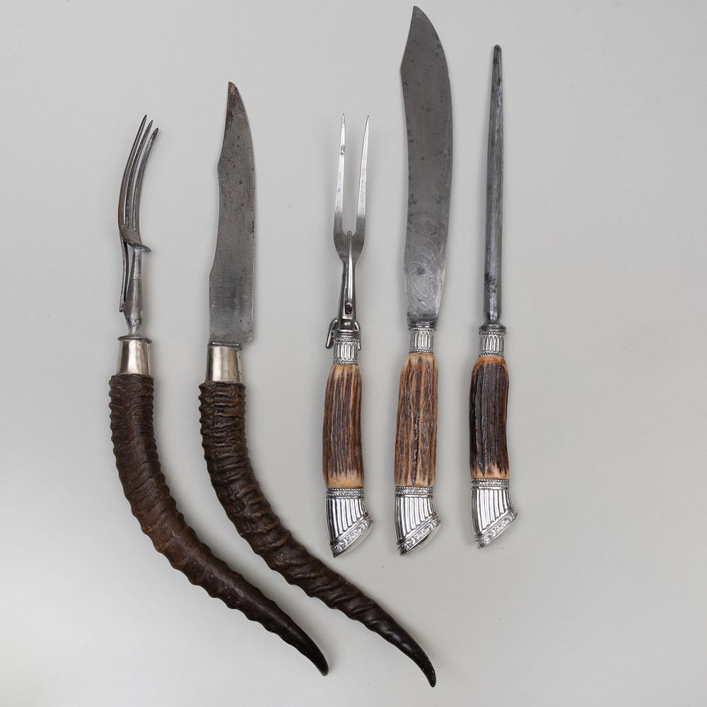 Appraisal: Two Horn Mounted Carving Sets Comprising A carving knife and