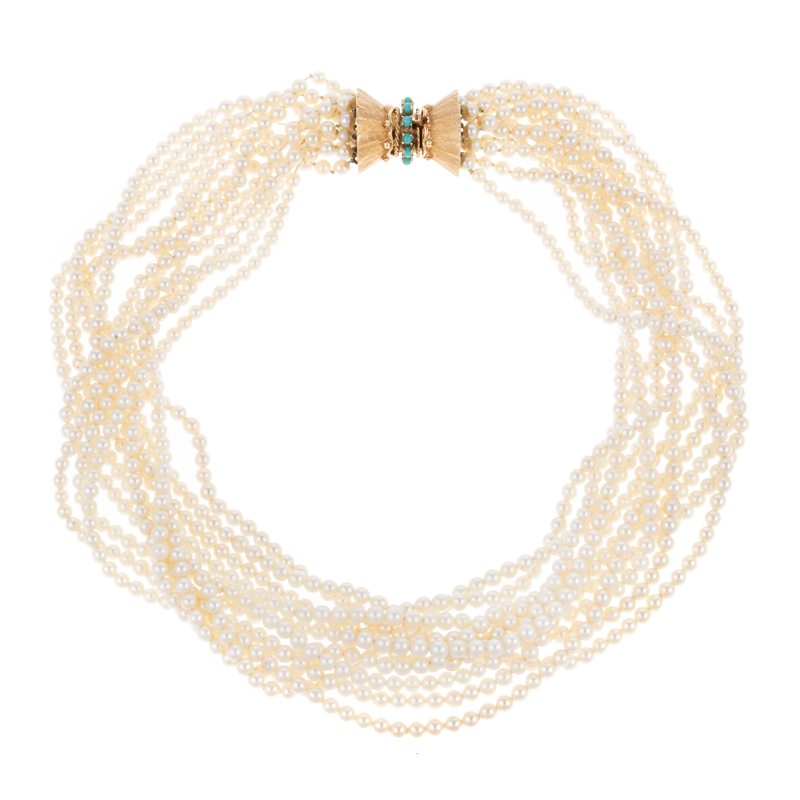 Appraisal: A MID-CENTURY PEARL CHOKER WITH K TURQUOISE CLASP K yellow