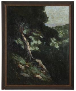 Appraisal: Attributed to William Keith Wooded scene with ocean view appears