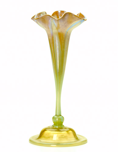 Appraisal: QUEZAL ATTRIB Floriform vase decorated with vertical leafage in green